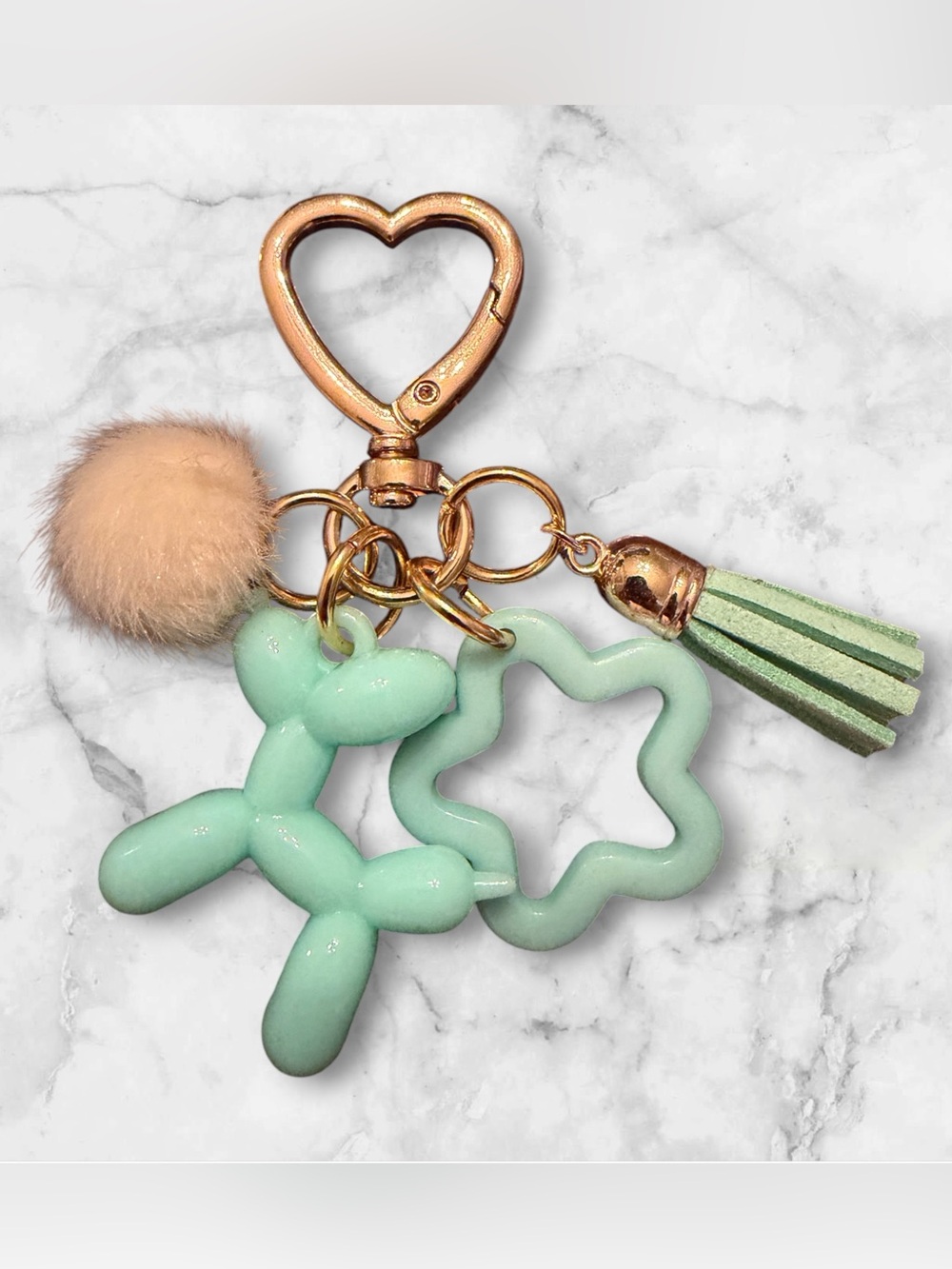 Mint Balloon Dog Keychain with Pom Pom & Tassel